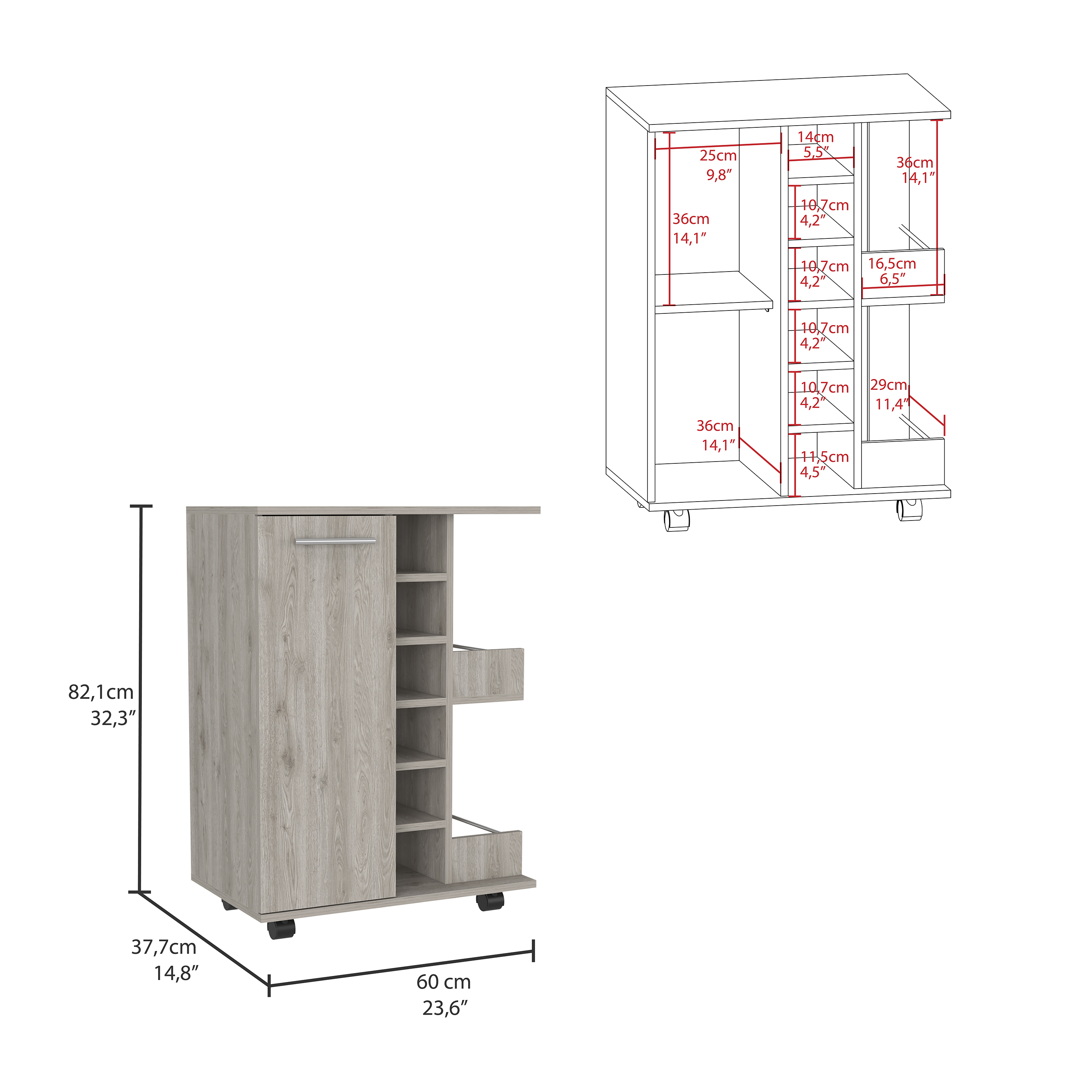 Bar Cart, Two External Shelves, Four Casters, Six Built-in Wine Rack, Single Door Cabinet -Light Gray